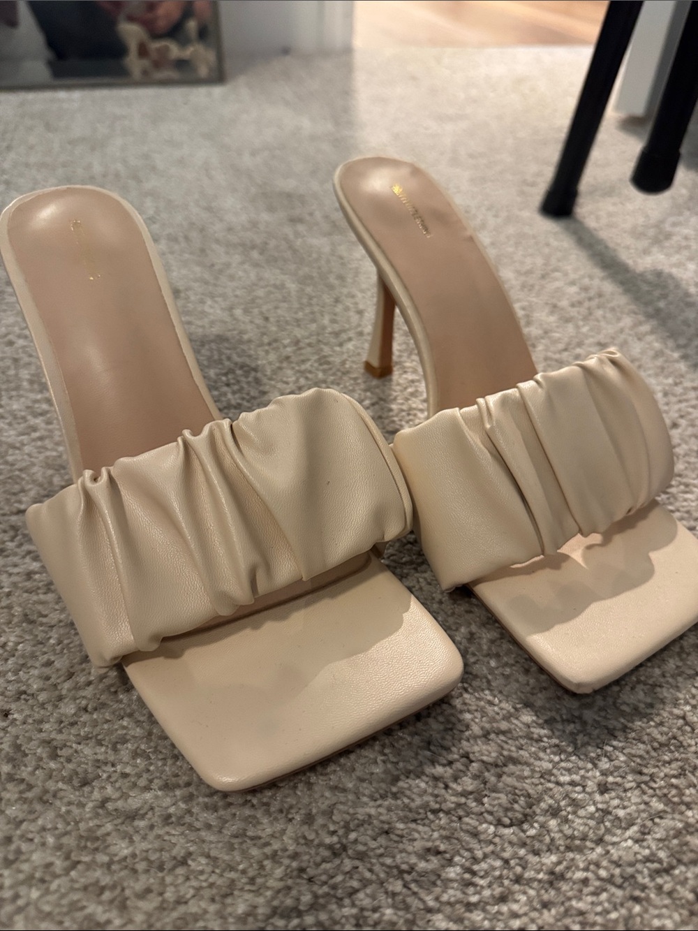 PrettyLittleThing Cream Ruched Square Toe Slide Heels